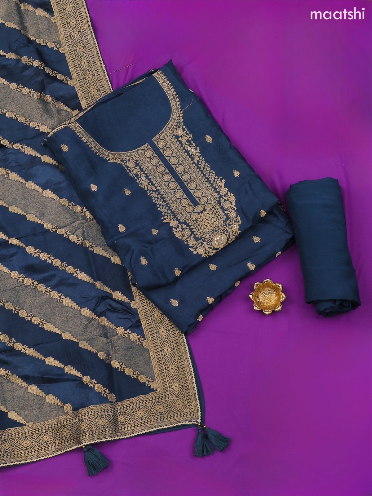 Peacock Blue Banarasi Silk Dress Material With Zari Work Neck Pattern and Bottom & Dupatta