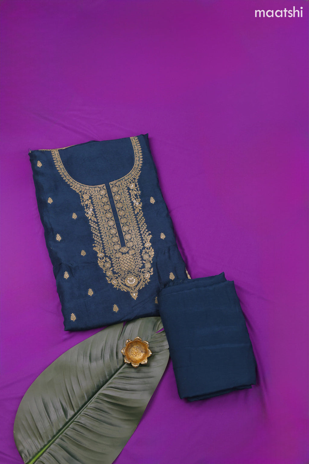 Peacock Blue Banarasi Silk Dress Material With Zari Work Neck Pattern and Bottom & Dupatta