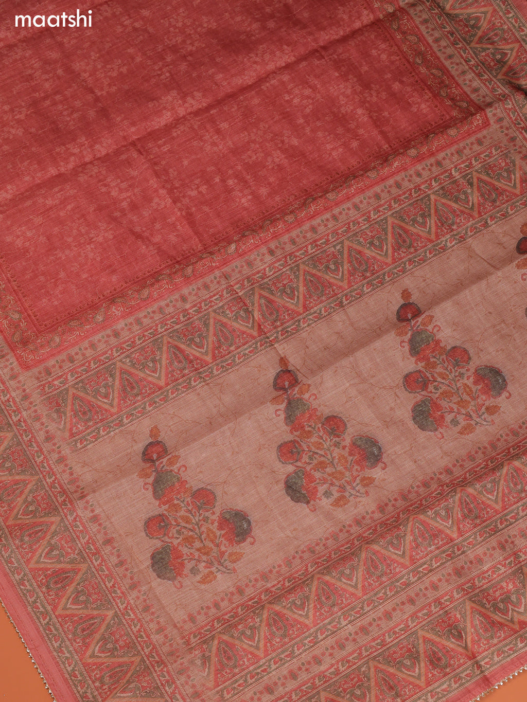 Mild Peach Linen Cotton Dress Material With Prints & Embroidery Work Neck Pattern