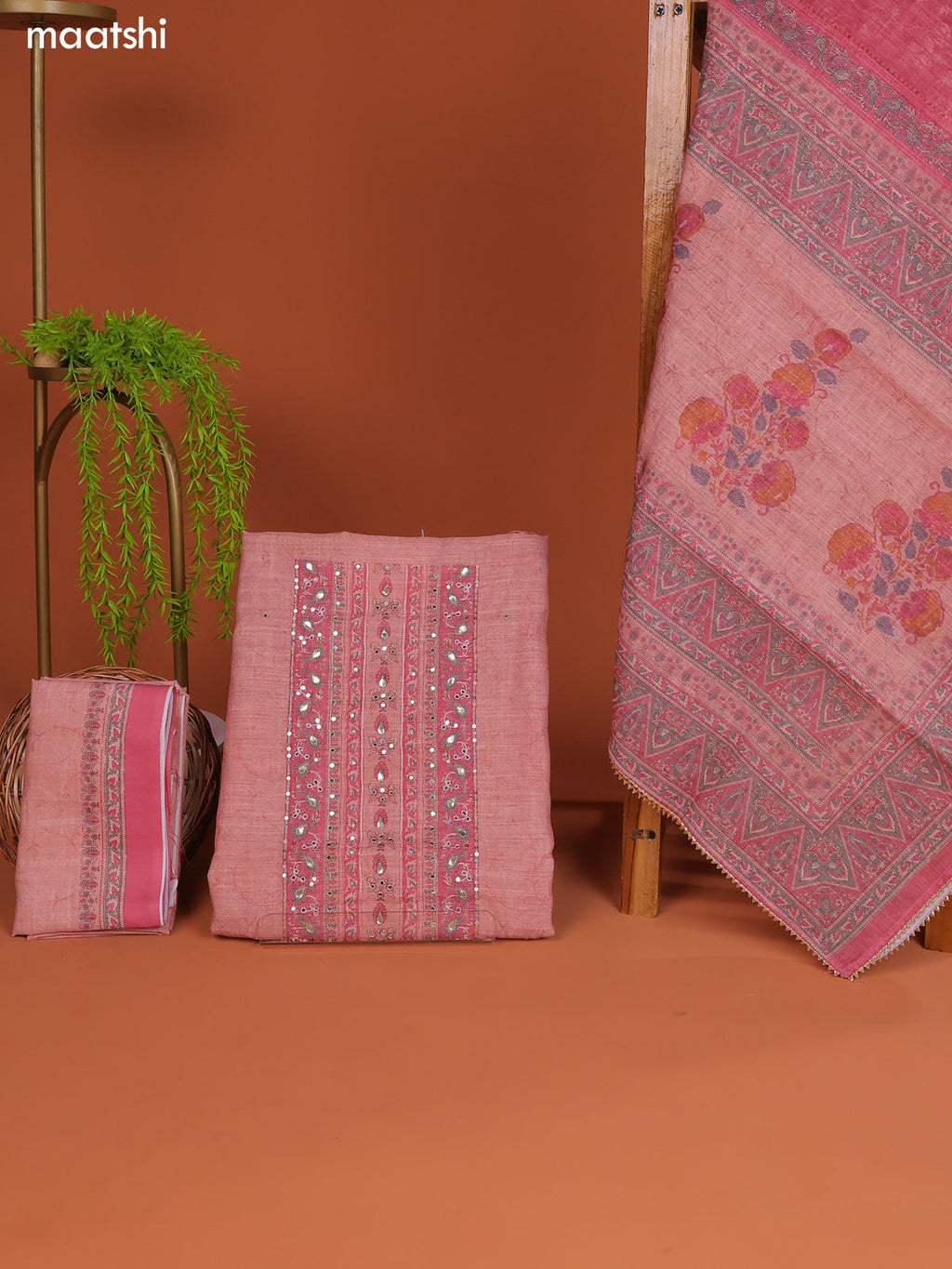 Peach Linen Cotton Dress Material With Prints & Embroidery Work Neck Pattern