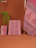 Peach Linen Cotton Dress Material With Prints & Embroidery Work Neck Pattern