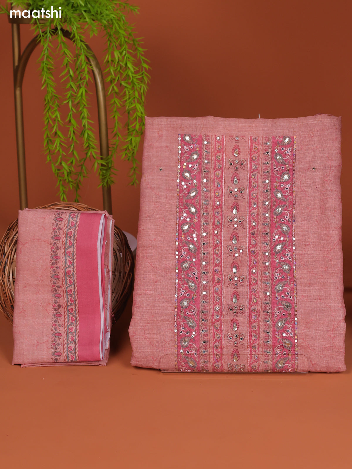 Peach Linen Cotton Dress Material With Prints & Embroidery Work Neck Pattern