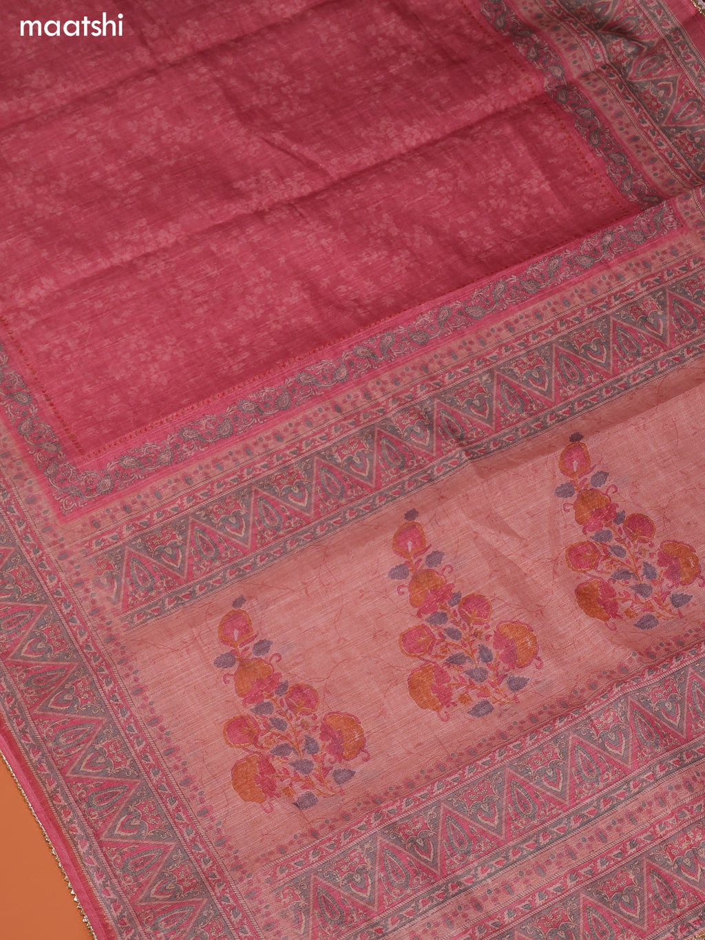 Peach Linen Cotton Dress Material With Prints & Embroidery Work Neck Pattern