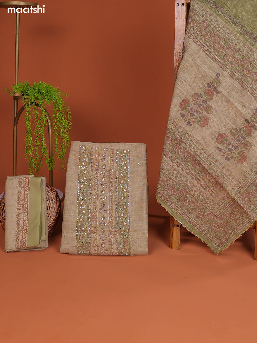 Pastel Green Linen Cotton Dress Material With Prints & Embroidery Work Neck Pattern