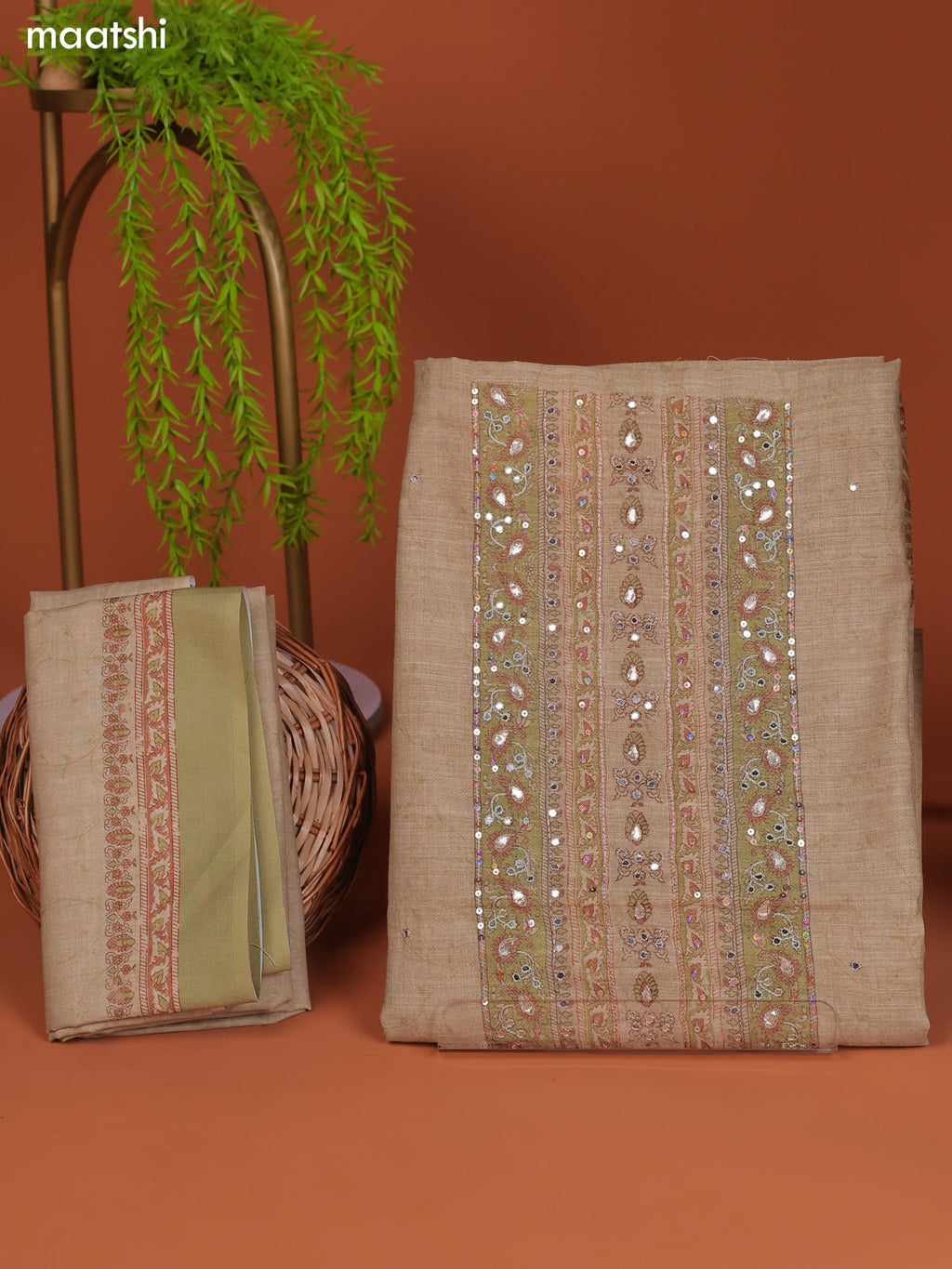 Pastel Green Linen Cotton Dress Material With Prints & Embroidery Work Neck Pattern