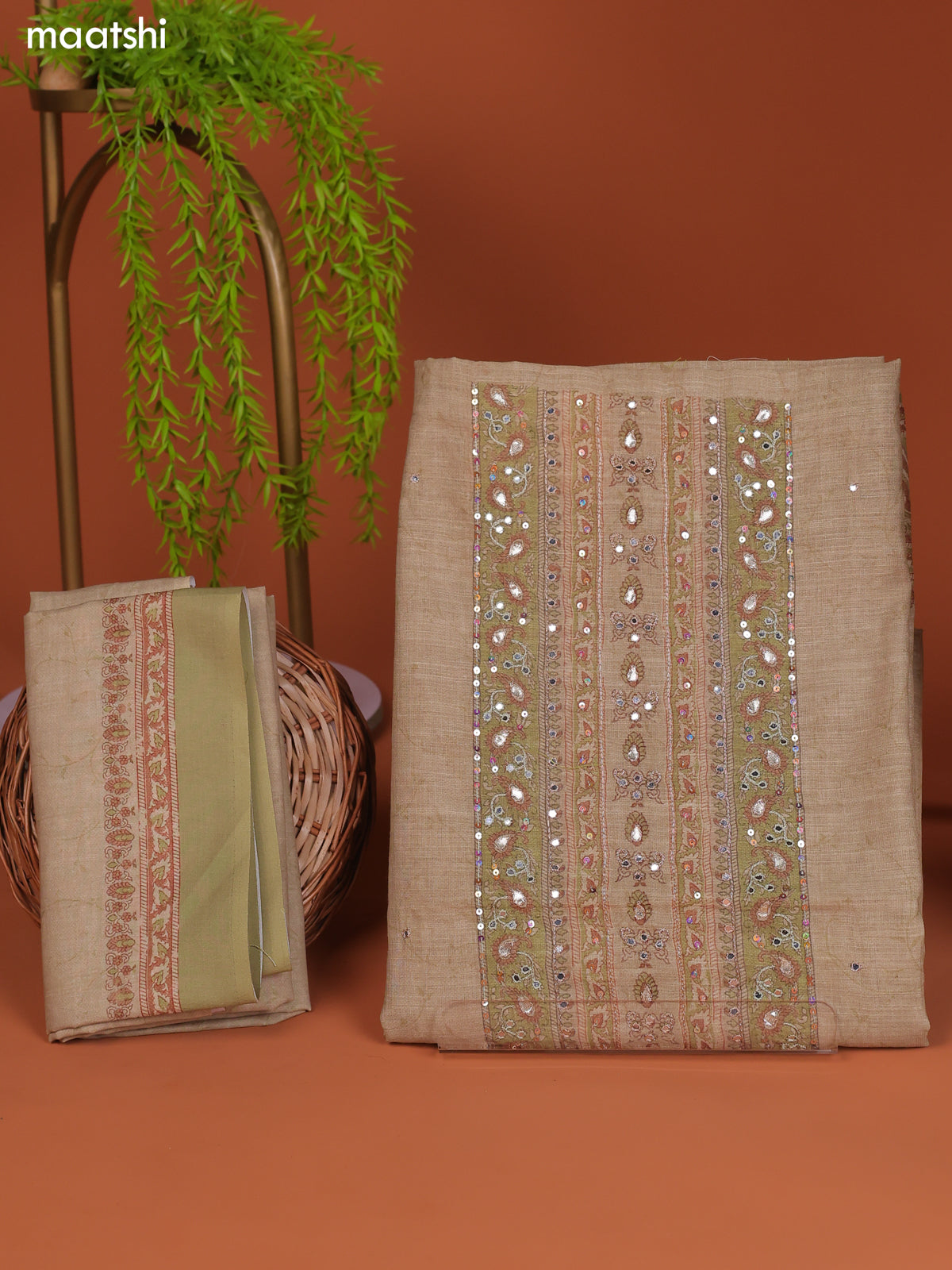 Pastel Green Linen Cotton Dress Material With Prints & Embroidery Work Neck Pattern