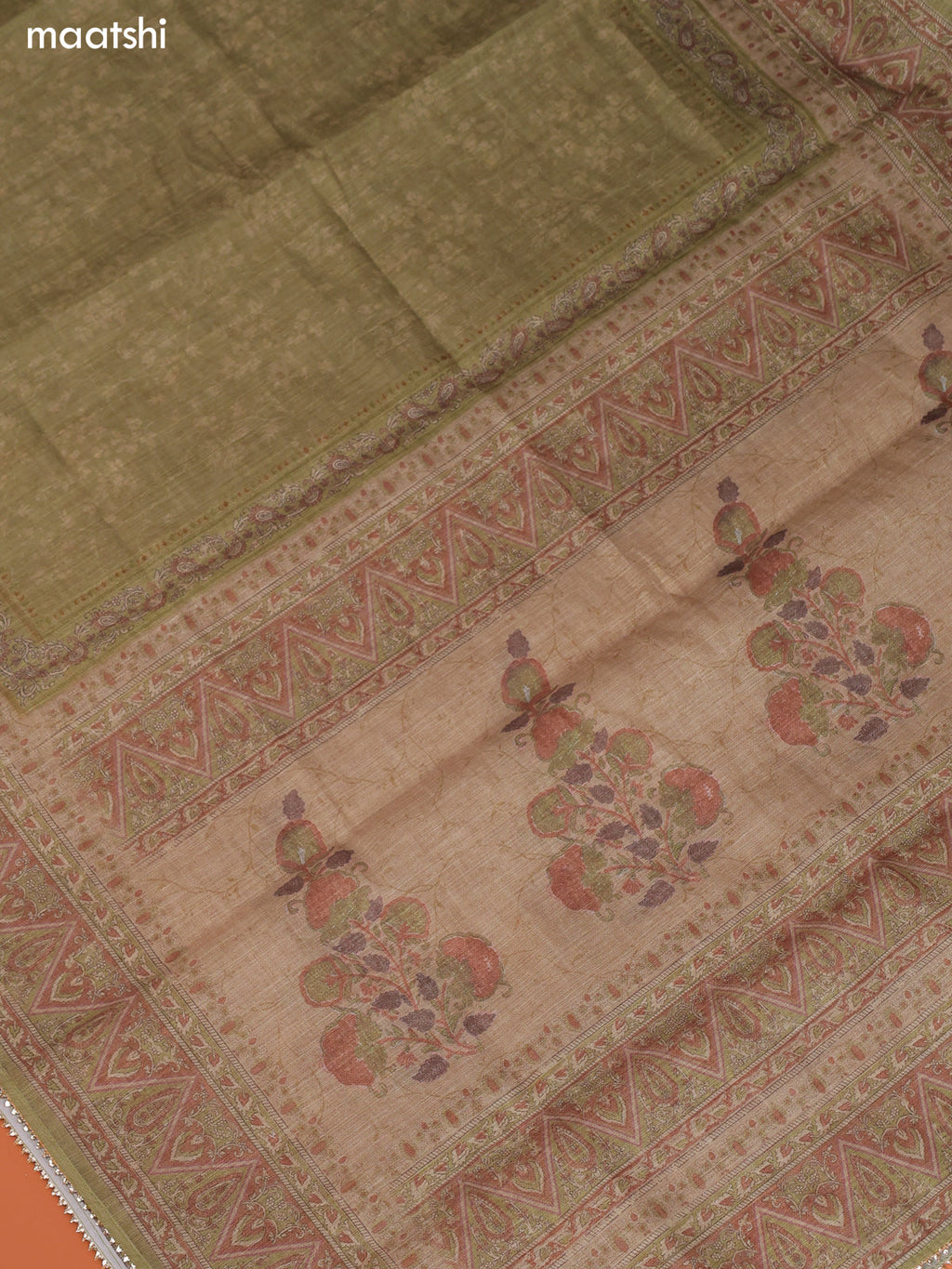 Pastel Green Linen Cotton Dress Material With Prints & Embroidery Work Neck Pattern