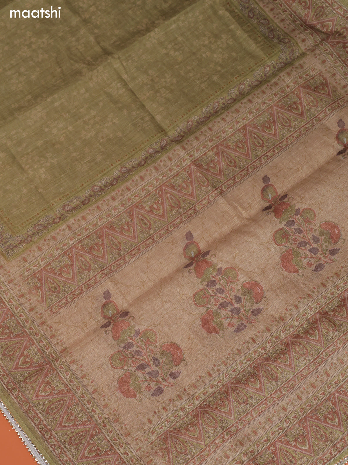 Pastel Green Linen Cotton Dress Material With Prints & Embroidery Work Neck Pattern