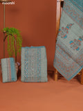 Teal Green Linen Cotton Dress Material With Prints & Embroidery Work Neck Pattern