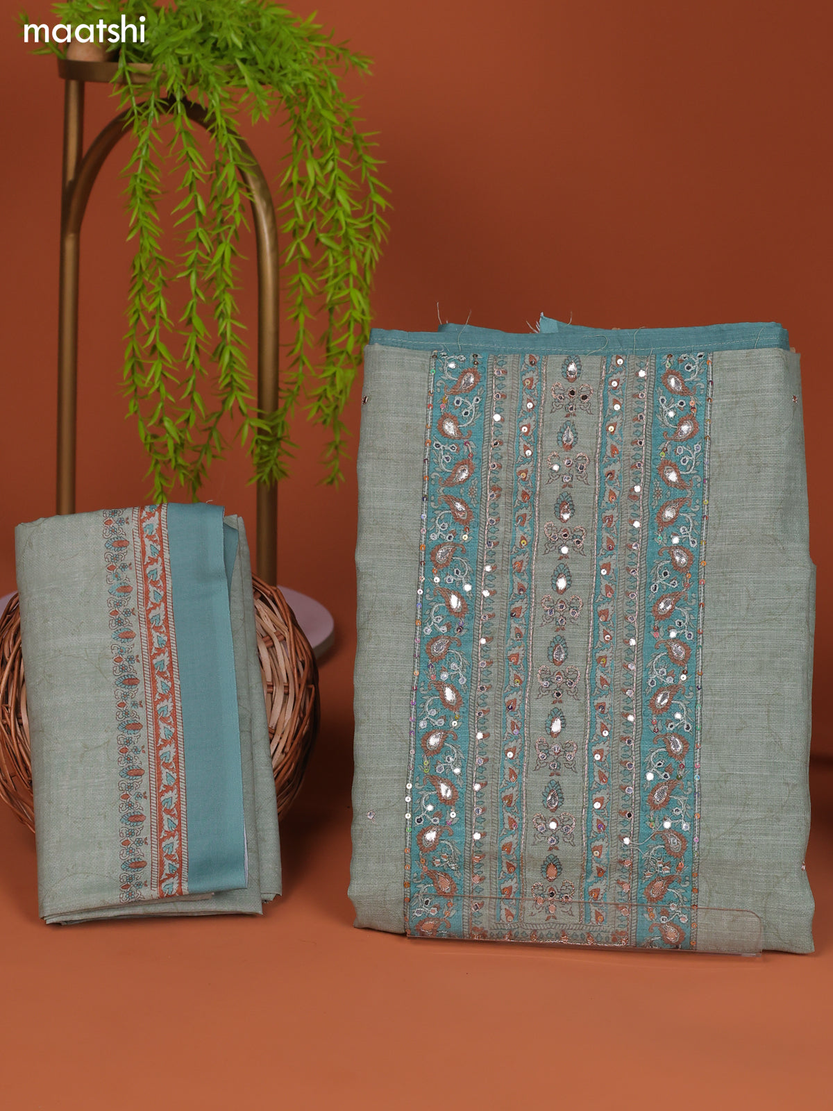 Teal Green Linen Cotton Dress Material With Prints & Embroidery Work Neck Pattern