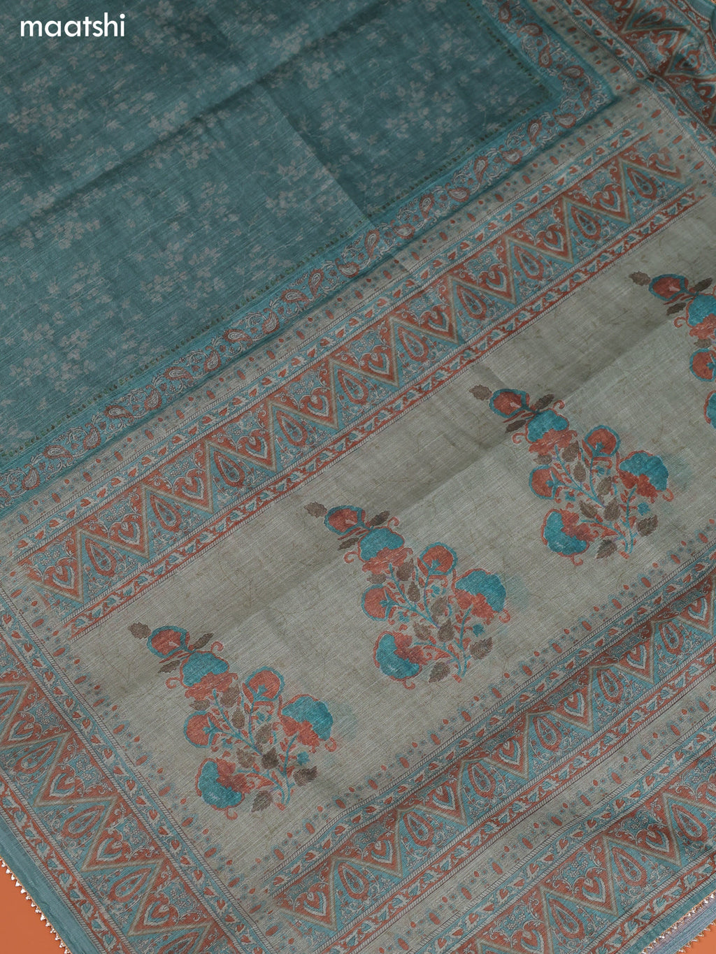 Teal Green Linen Cotton Dress Material With Prints & Embroidery Work Neck Pattern