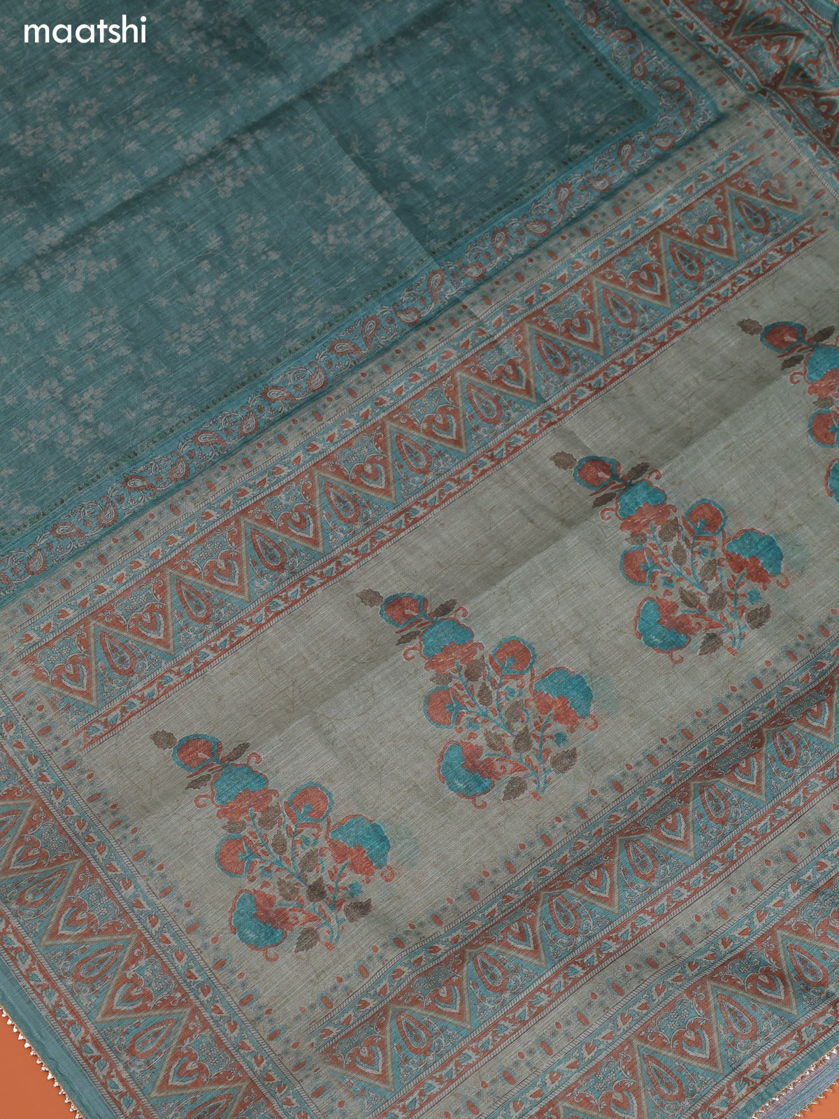 Teal Green Linen Cotton Dress Material With Prints & Embroidery Work Neck Pattern