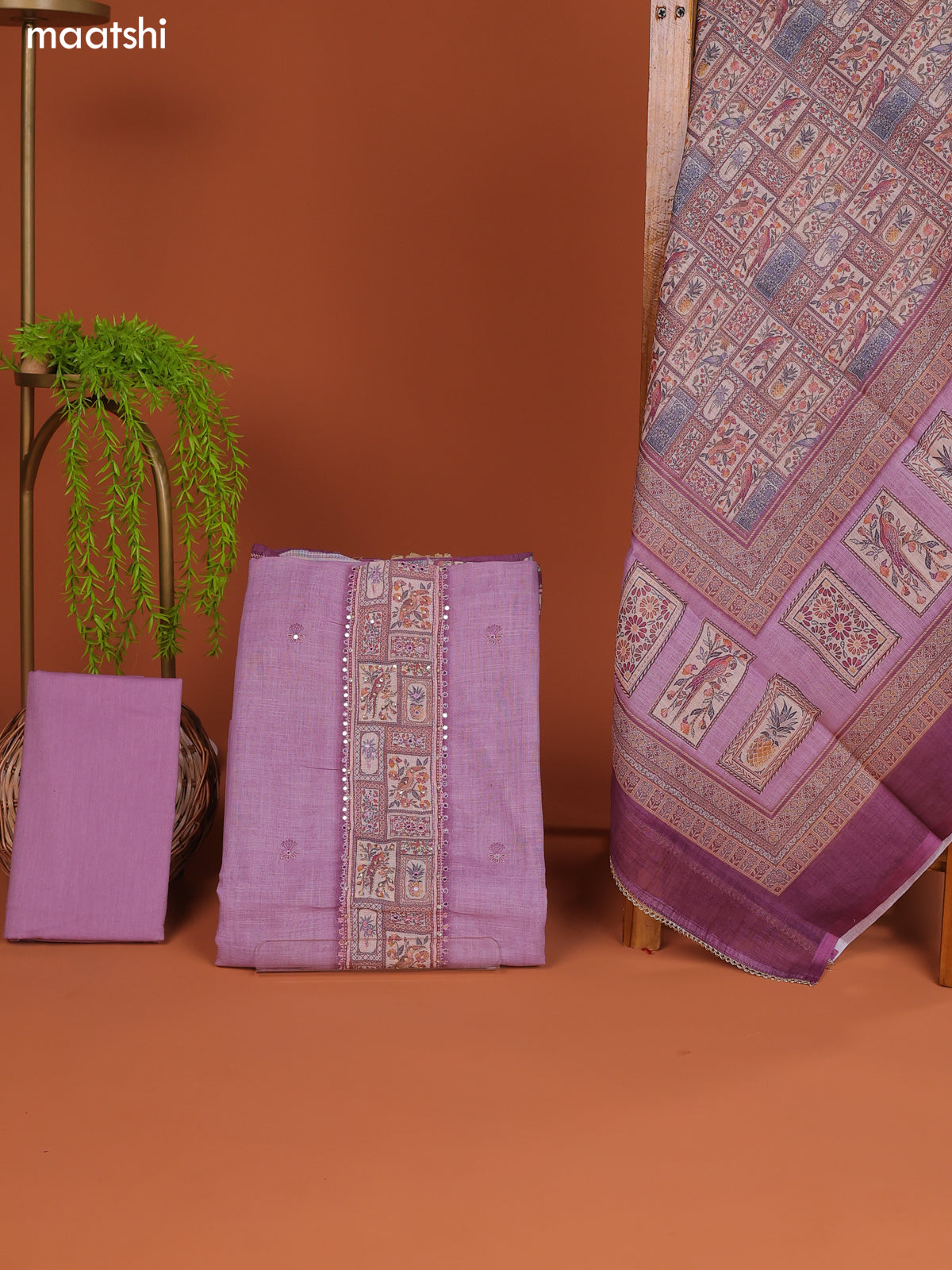 Lavender Linen Cotton Dress Material With Prints & Embroidery Work Neck Pattern