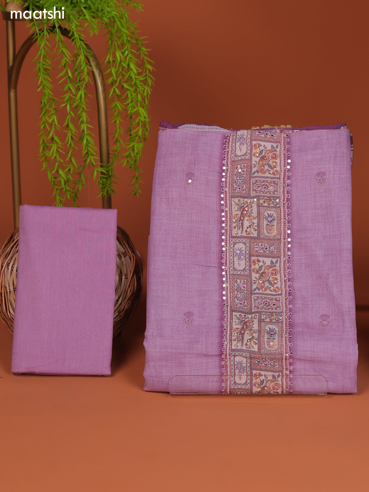 Lavender Linen Cotton Dress Material With Prints & Embroidery Work Neck Pattern