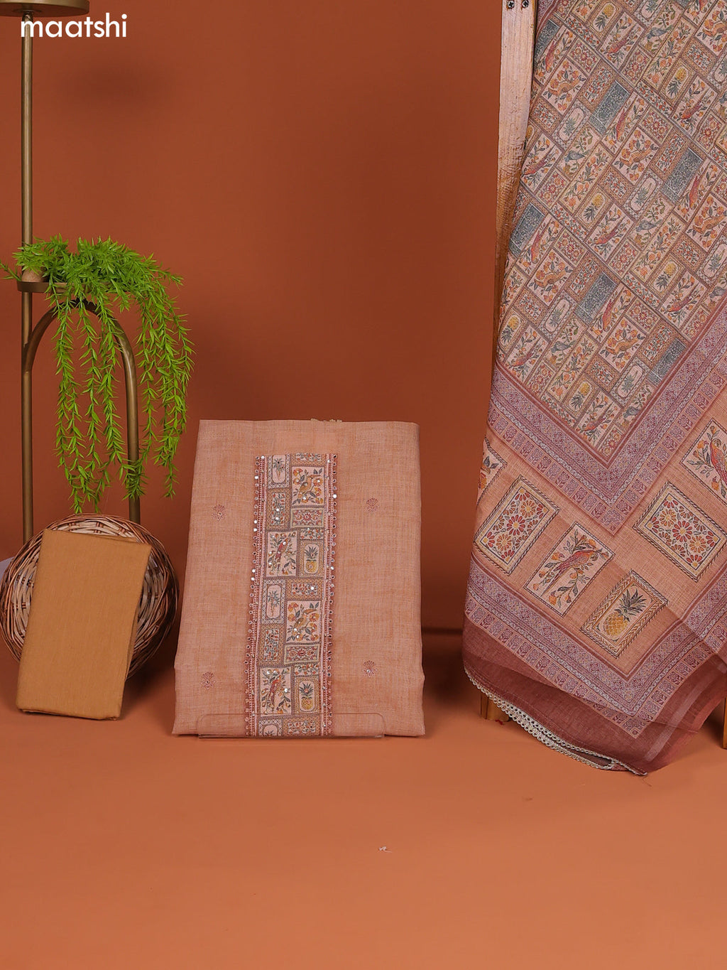 Mild Peach Orange Linen Cotton Dress Material With Prints & Embroidery Work Neck Pattern