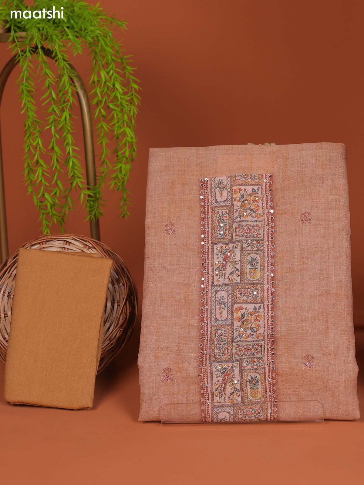 Mild Peach Orange Linen Cotton Dress Material With Prints & Embroidery Work Neck Pattern