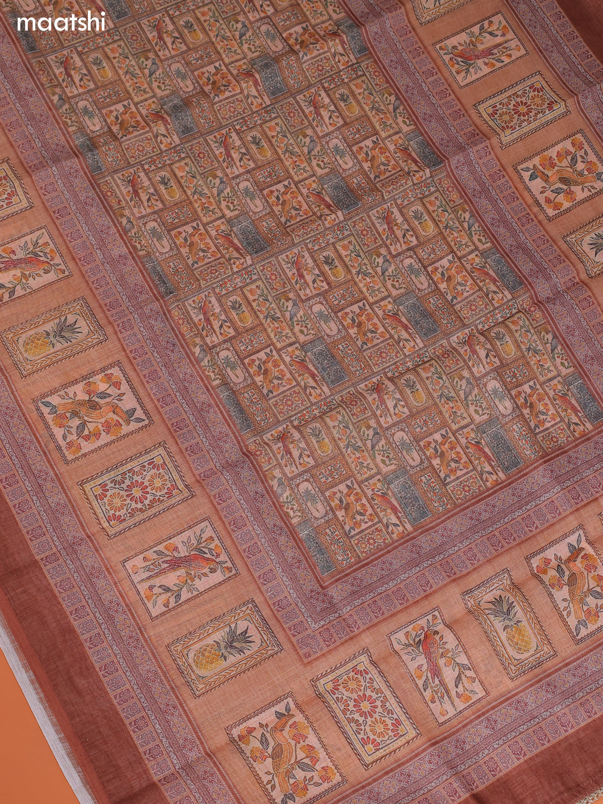 Mild Peach Orange Linen Cotton Dress Material With Prints & Embroidery Work Neck Pattern