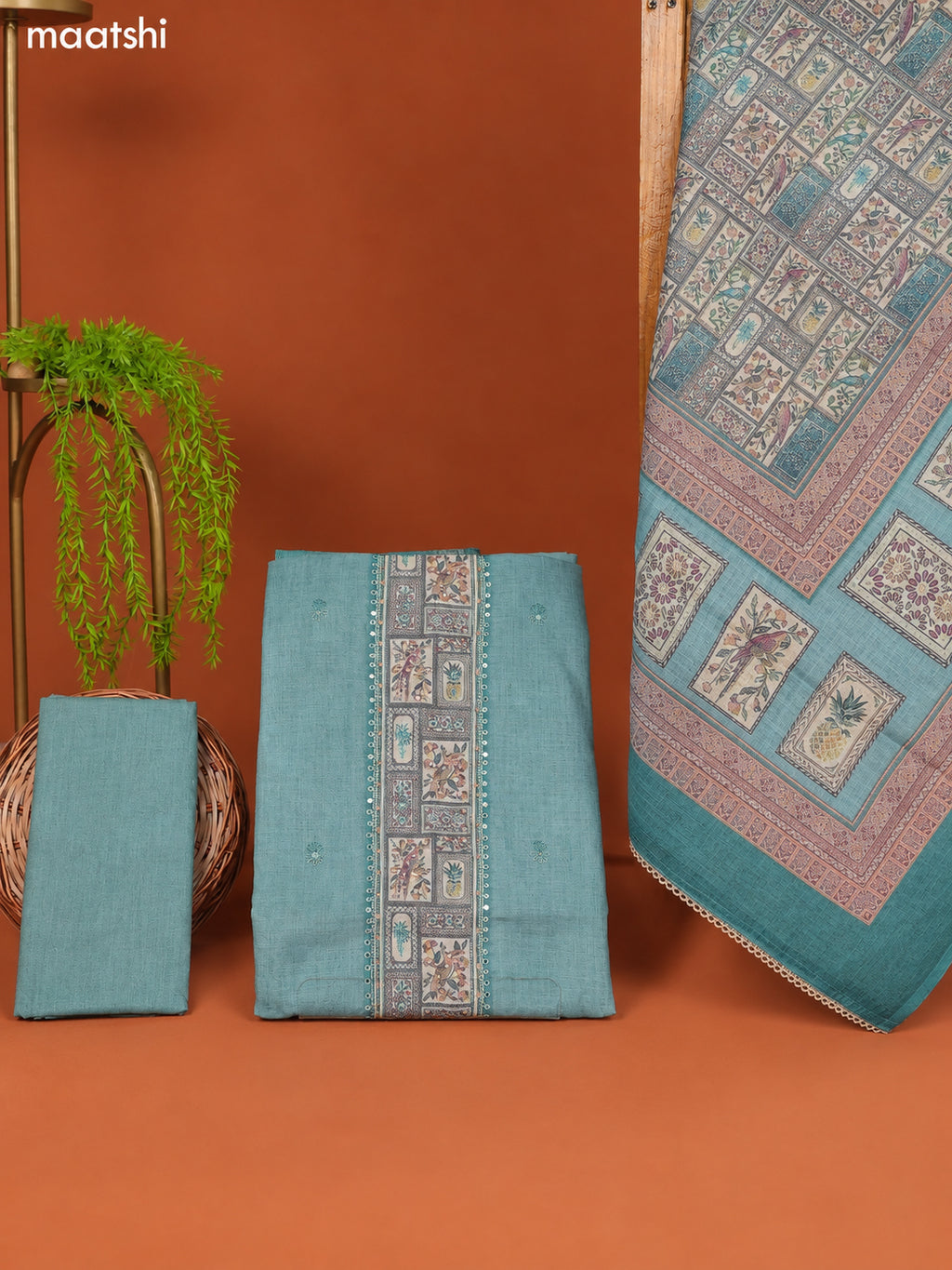 Pastel Blue Linen Cotton Dress Material With Prints & Embroidery Work Neck Pattern