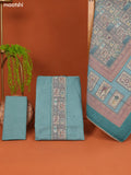 Pastel Blue Linen Cotton Dress Material With Prints & Embroidery Work Neck Pattern