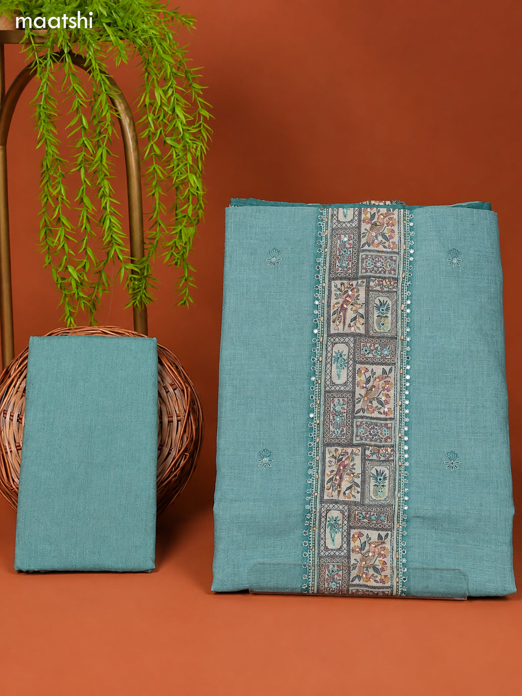 Pastel Blue Linen Cotton Dress Material With Prints & Embroidery Work Neck Pattern