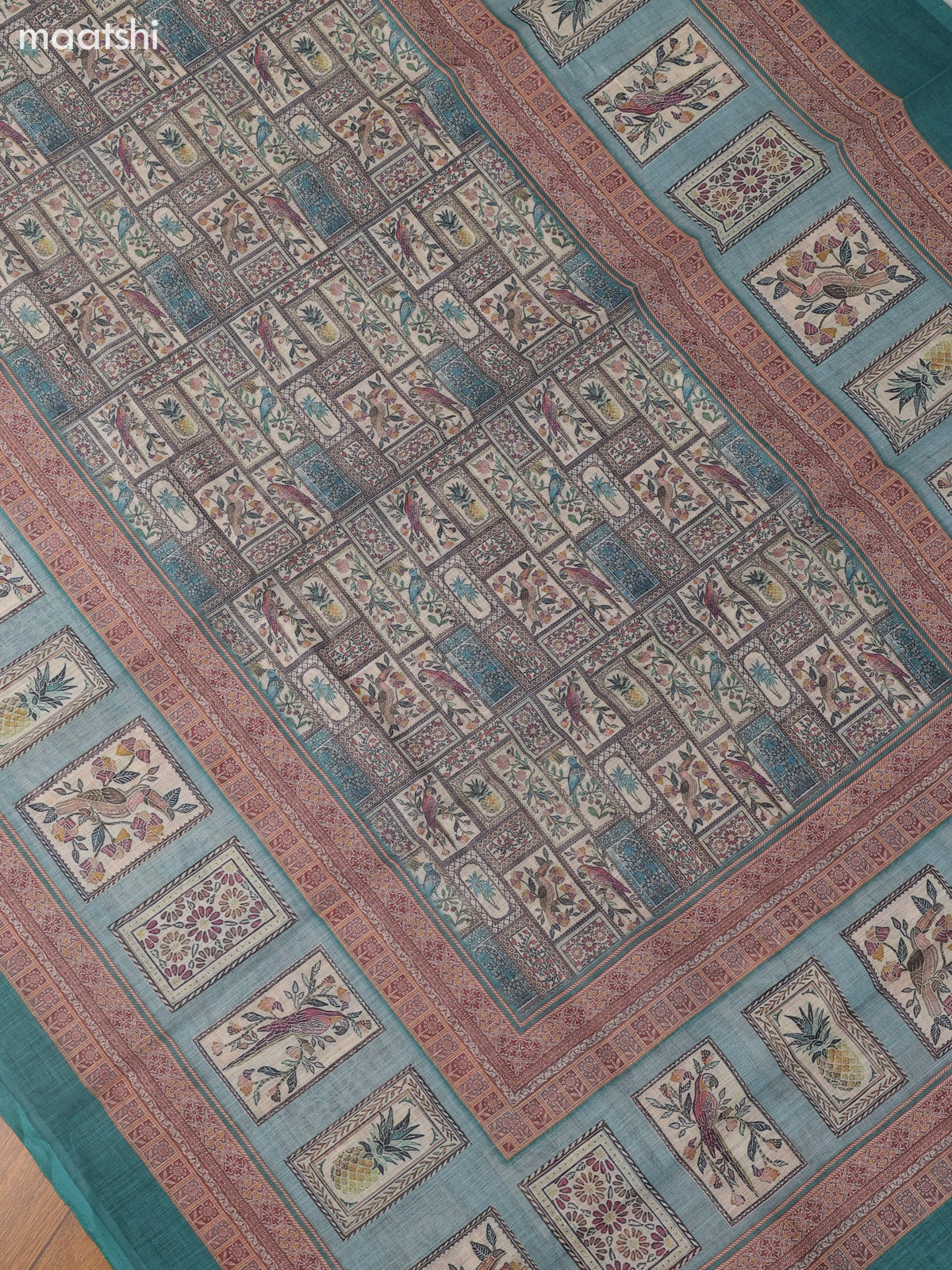 Pastel Blue Linen Cotton Dress Material With Prints & Embroidery Work Neck Pattern
