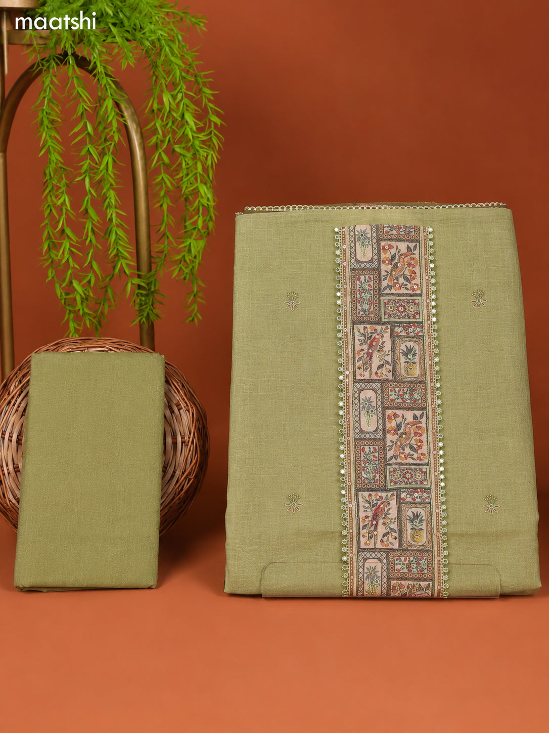 Pastel Green Linen Cotton Dress Material With Prints & Embroidery Work Neck Pattern