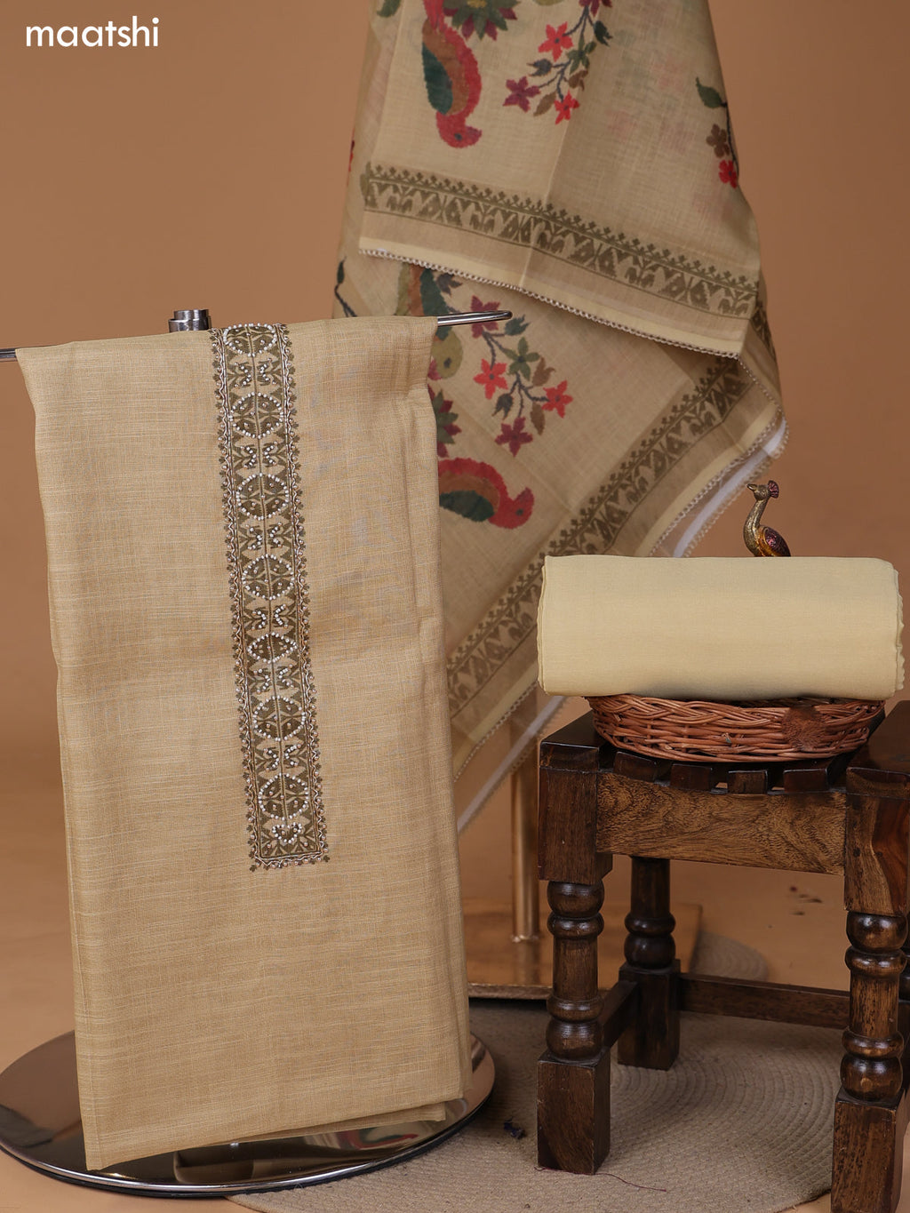 Sandal Tissue Linen Dress Material With Printed & Embroidery Work Neck Pattern and Bottom & Dupatta