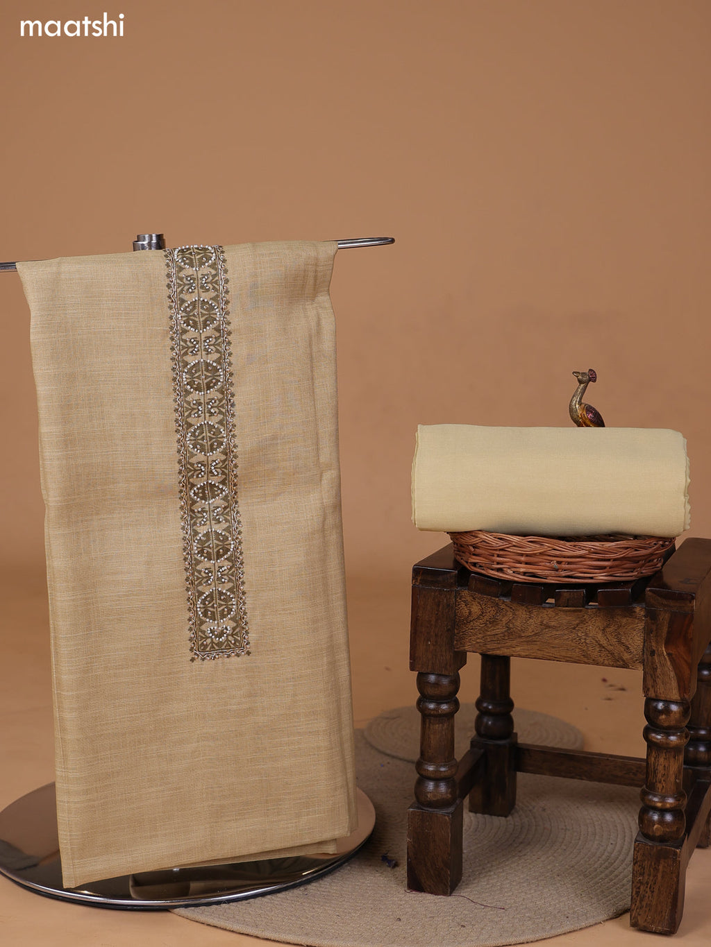 Sandal Tissue Linen Dress Material With Printed & Embroidery Work Neck Pattern and Bottom & Dupatta
