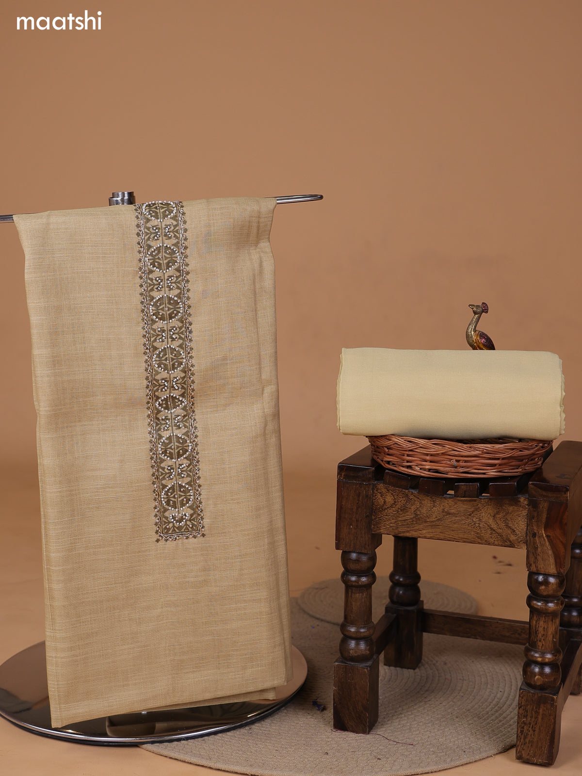 Sandal Tissue Linen Dress Material With Printed & Embroidery Work Neck Pattern and Bottom & Dupatta
