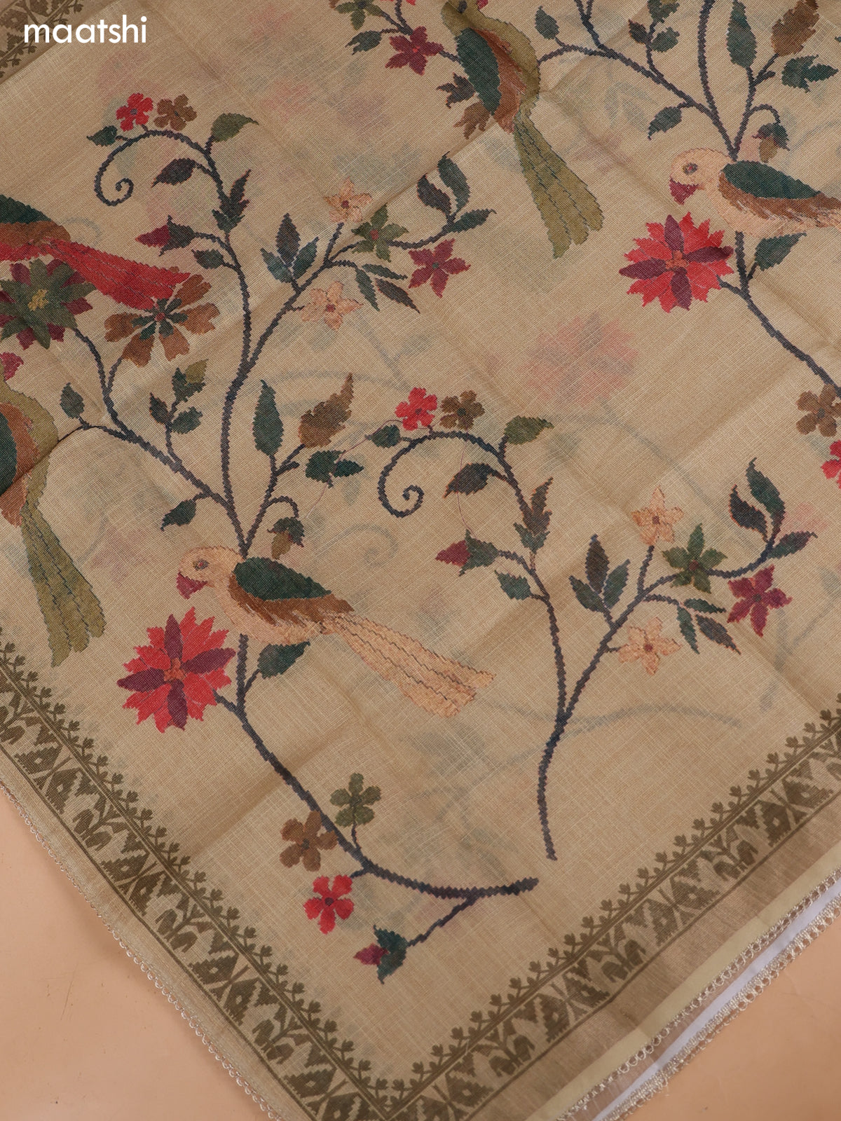 Sandal Tissue Linen Dress Material With Printed & Embroidery Work Neck Pattern and Bottom & Dupatta