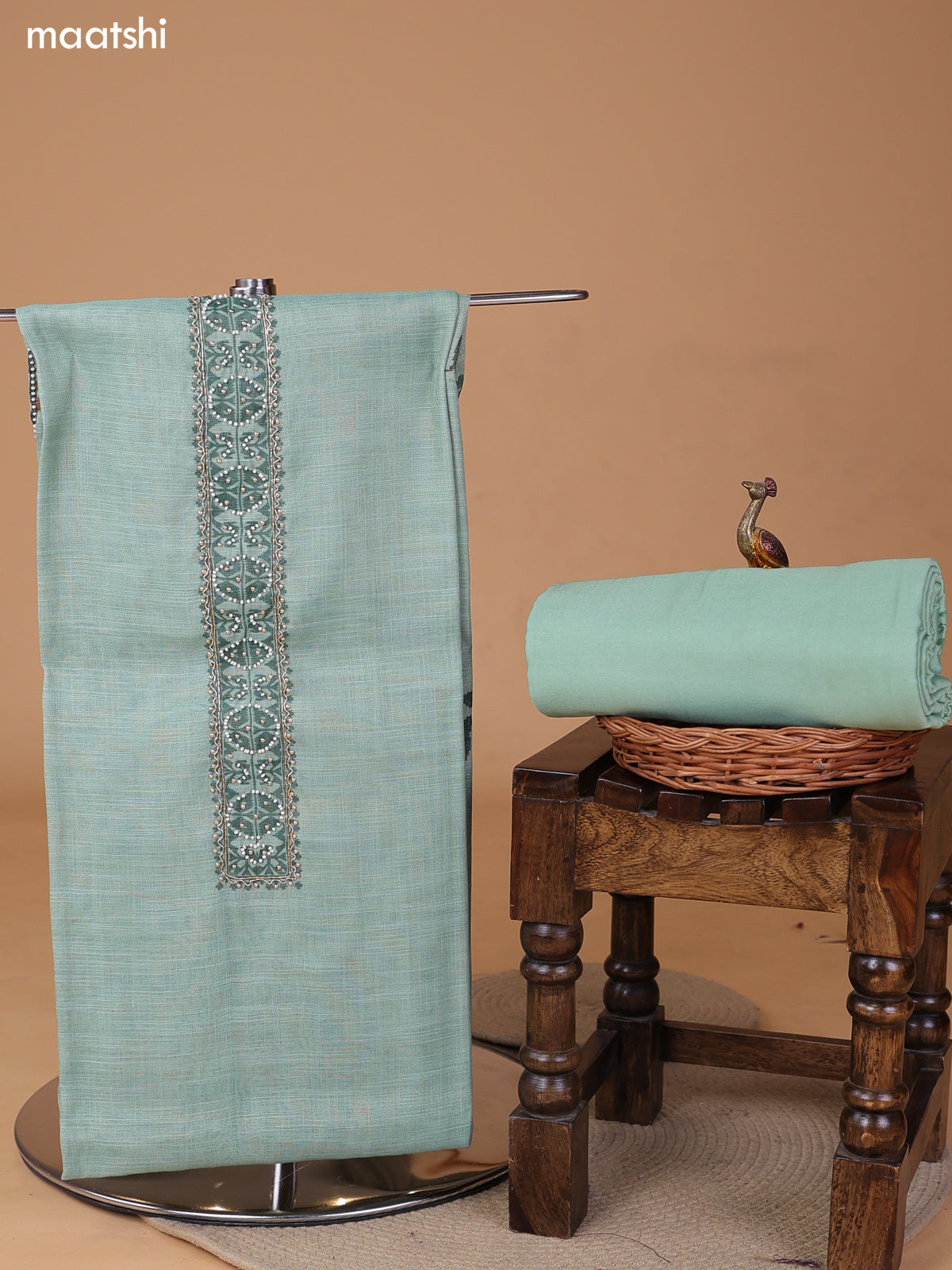 Pastel Green Tissue Linen Dress Material With Printed & Embroidery Work Neck Pattern and Bottom & Dupatta