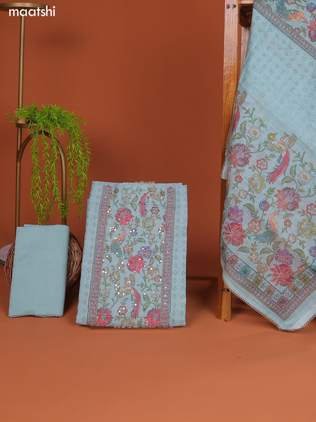 Teal Blue Tissue Linen Dress Material With Printed & Embroidery Work Neck Pattern
