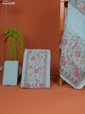 Teal Blue Tissue Linen Dress Material With Printed & Embroidery Work Neck Pattern