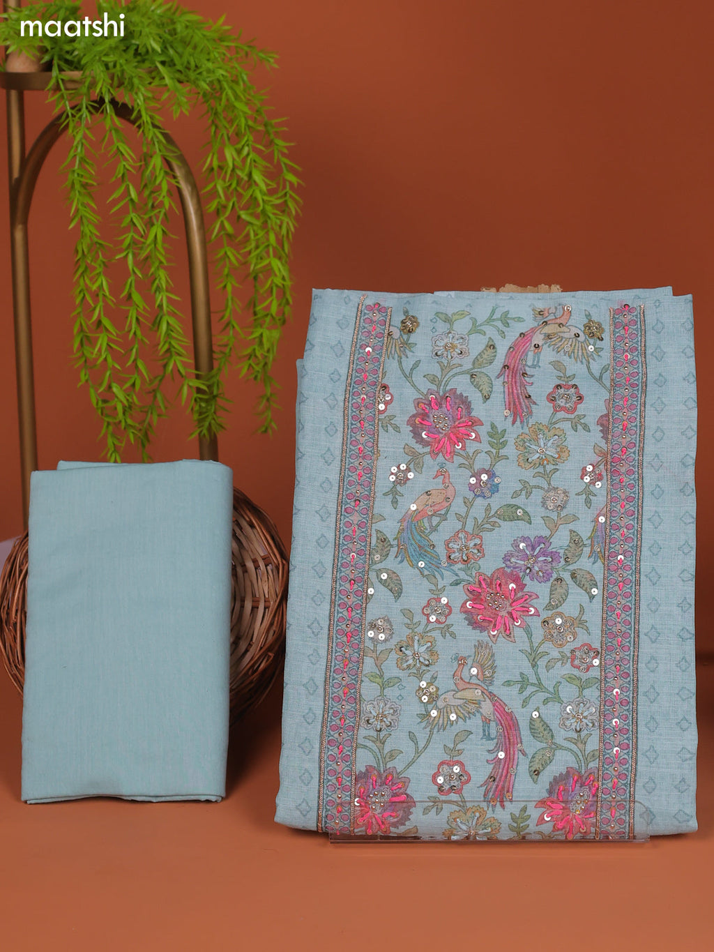 Teal Blue Tissue Linen Dress Material With Printed & Embroidery Work Neck Pattern