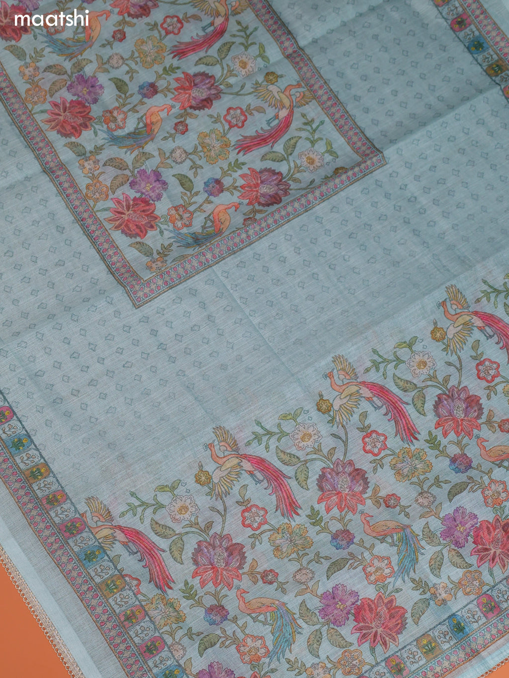Teal Blue Tissue Linen Dress Material With Printed & Embroidery Work Neck Pattern