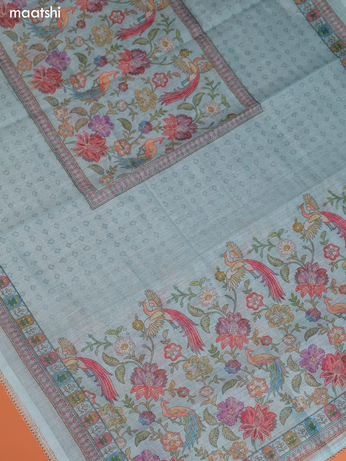 Teal Blue Tissue Linen Dress Material With Printed & Embroidery Work Neck Pattern