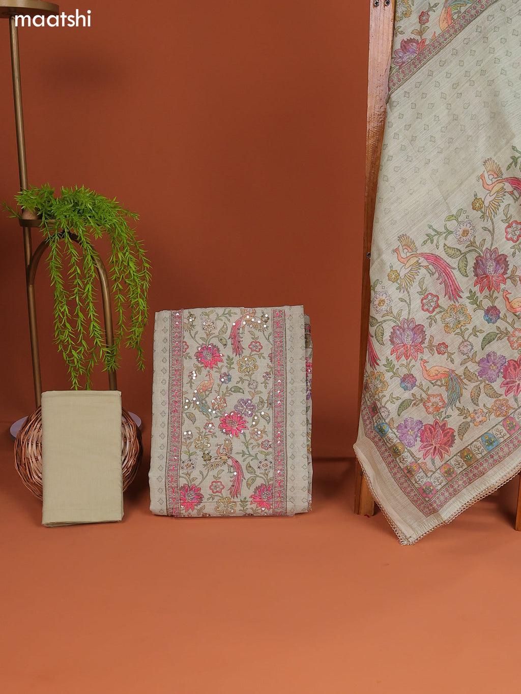 Pista Green Tissue Linen Dress Material With Printed & Embroidery Work Neck Pattern