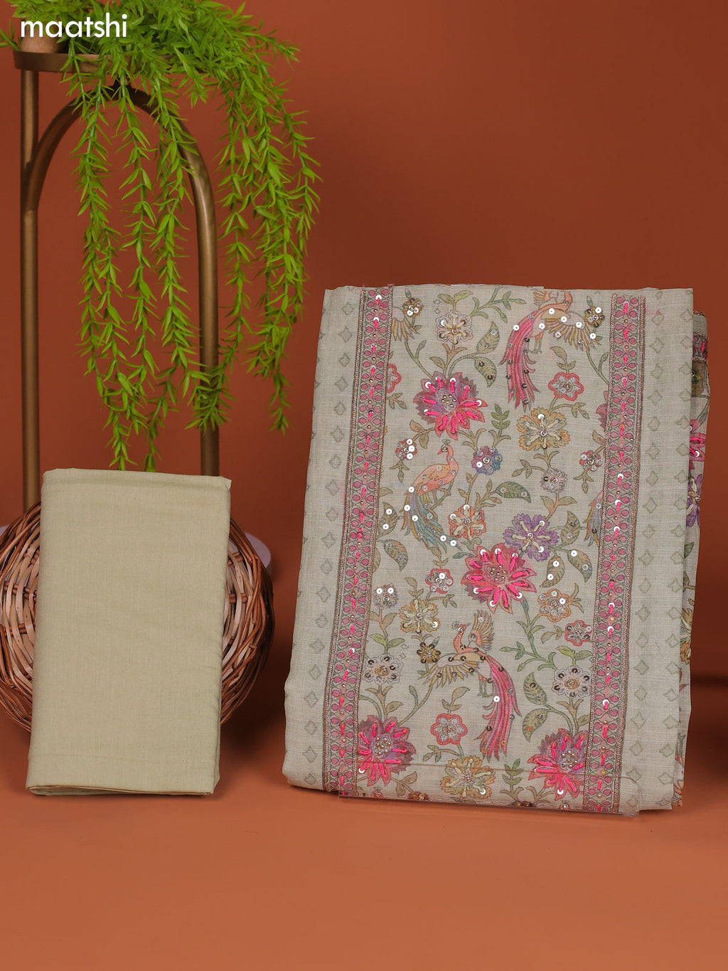 Pista Green Tissue Linen Dress Material With Printed & Embroidery Work Neck Pattern