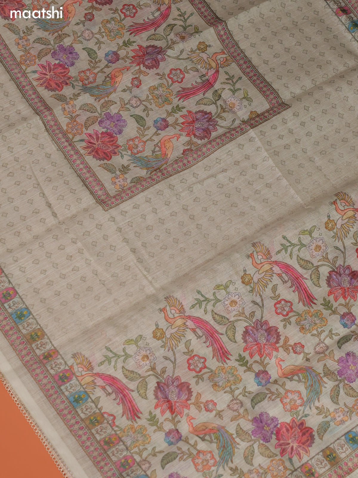 Pista Green Tissue Linen Dress Material With Printed & Embroidery Work Neck Pattern
