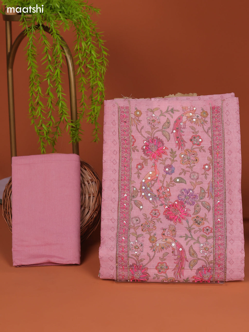 Pink Tissue Linen Dress Material With Printed & Embroidery Work Neck Pattern
