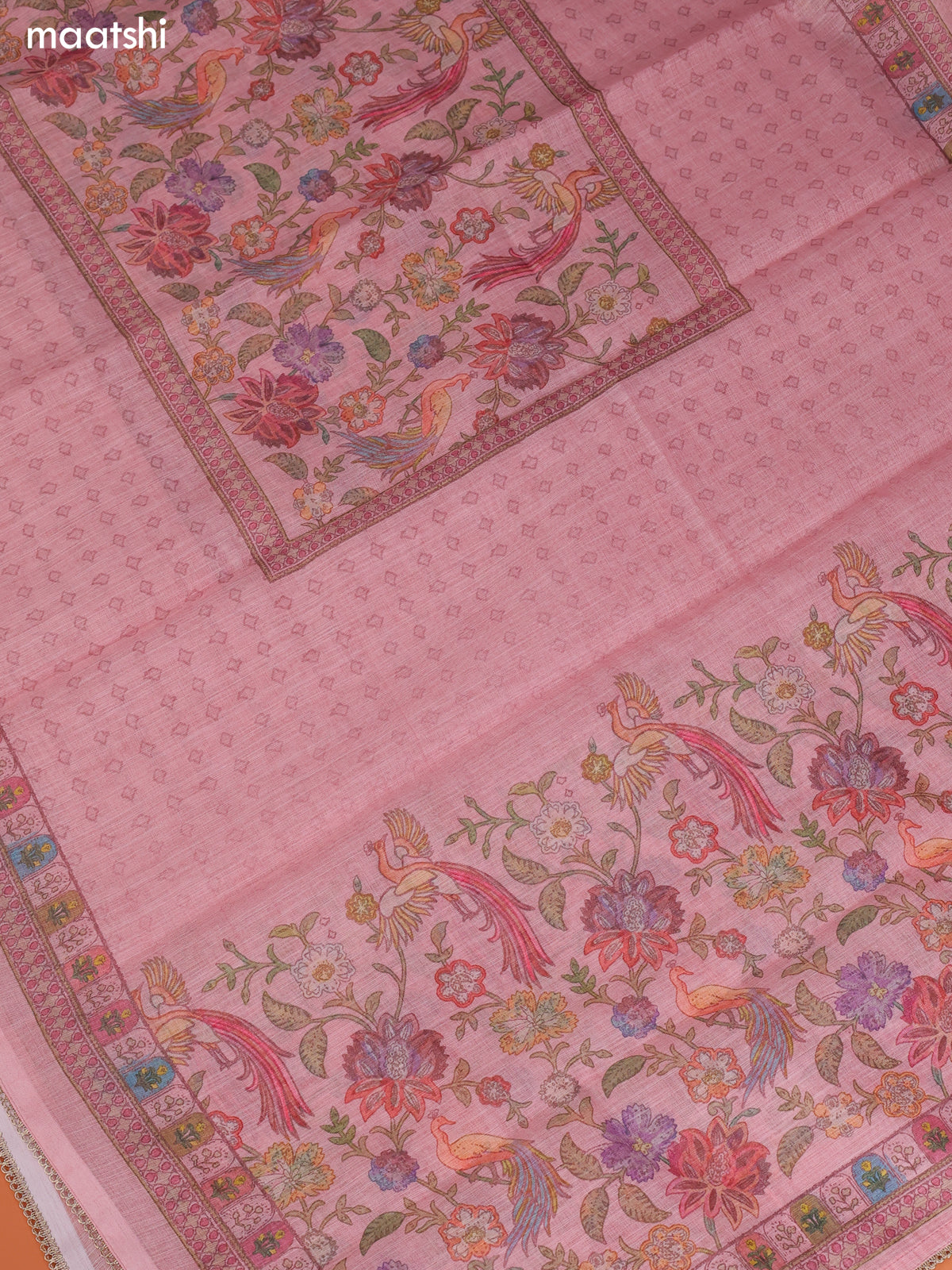 Pink Tissue Linen Dress Material With Printed & Embroidery Work Neck Pattern