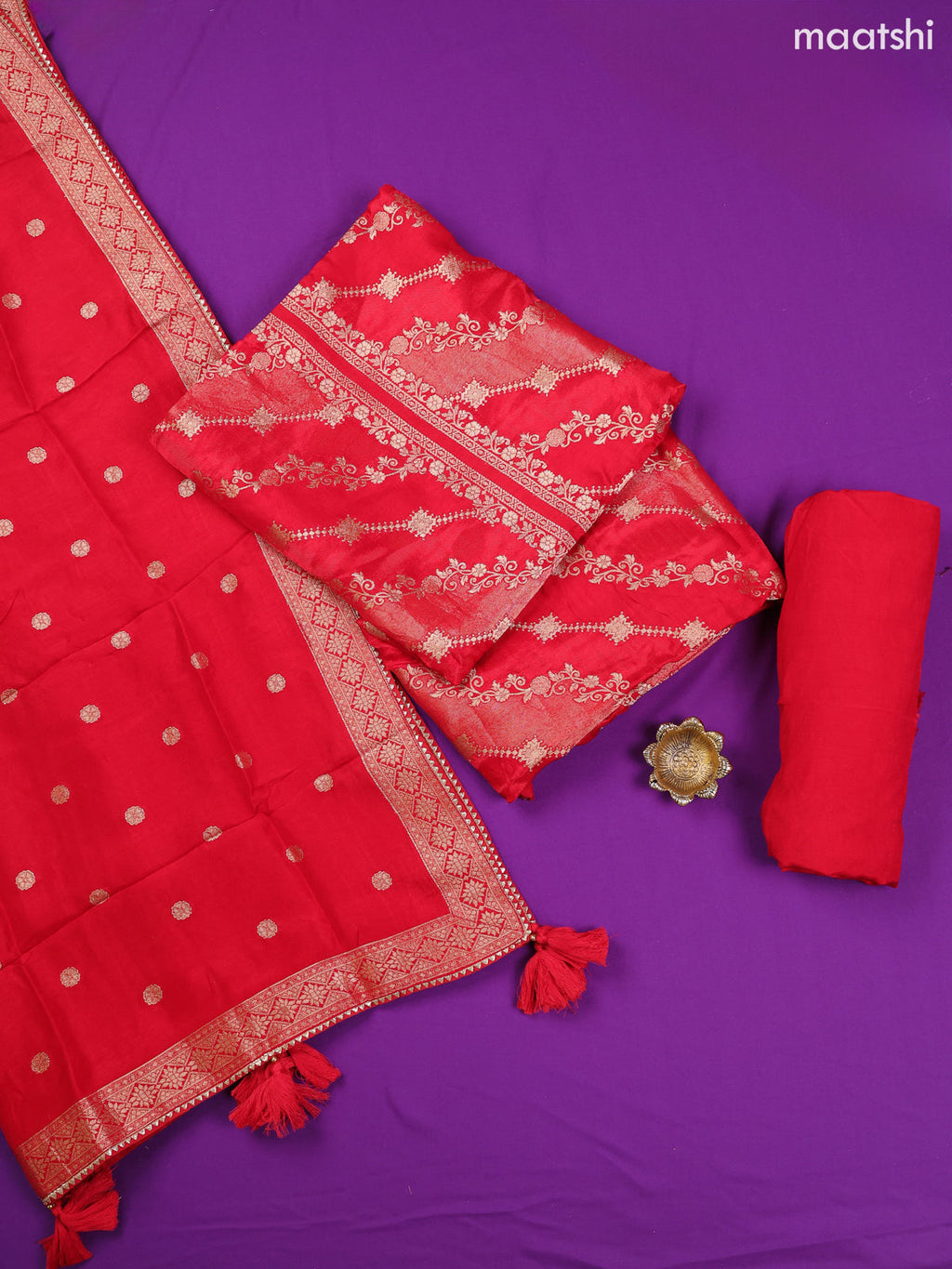 Red Banarasi Dress Material With Allover Zari Buttas and Bottom & Dupatta