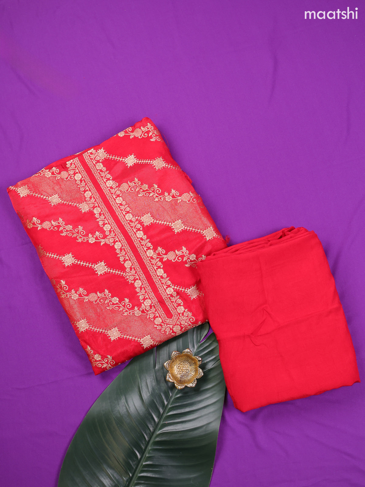 Red Banarasi Dress Material With Allover Zari Buttas and Bottom & Dupatta