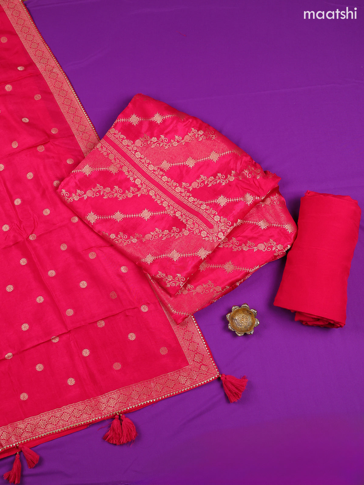 Rani Pink Banarasi Dress Material With Allover Zari Buttas and Bottom & Dupatta