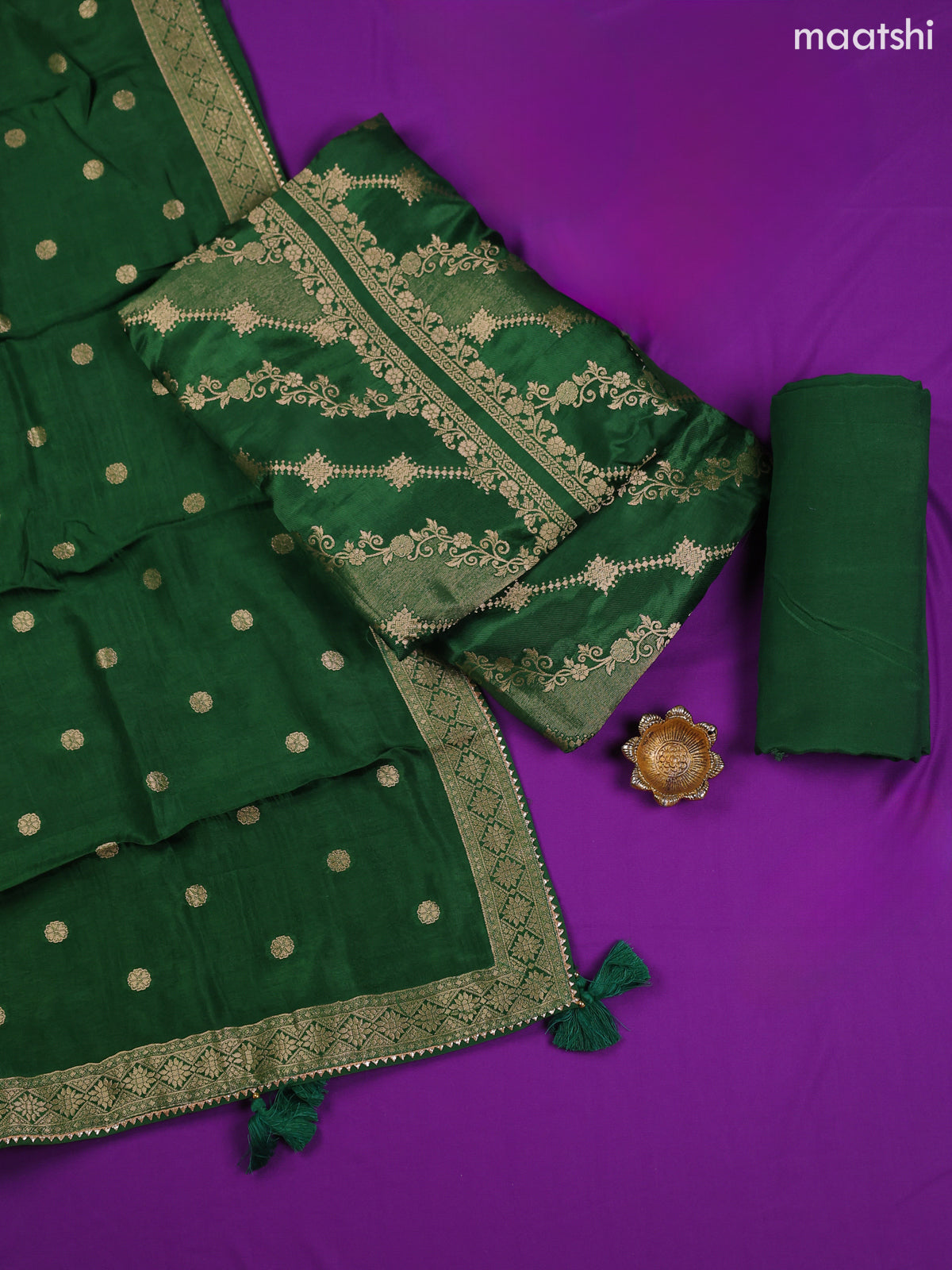 Green Banarasi Dress Material With Allover Zari Buttas and Bottom & Dupatta