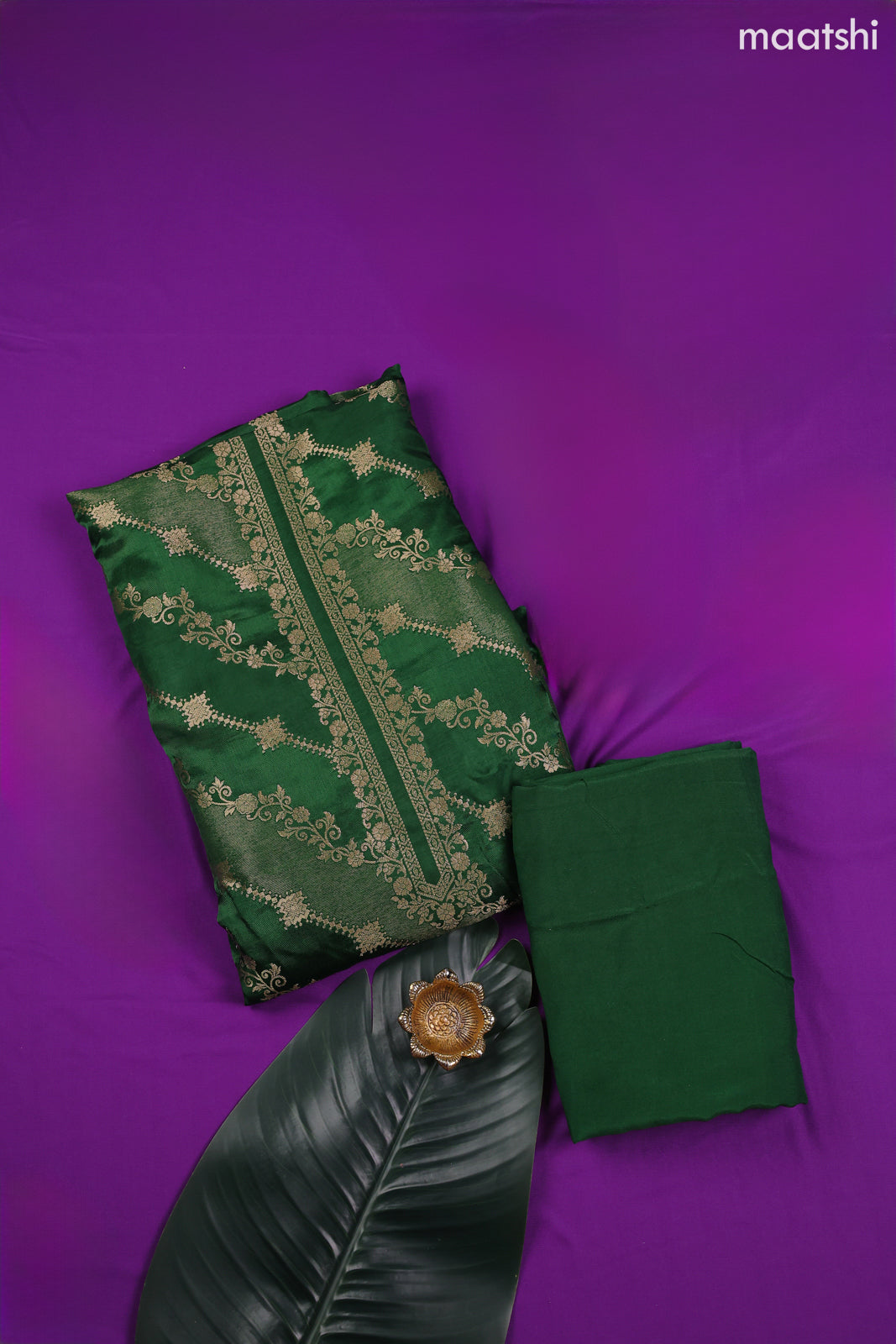 Green Banarasi Dress Material With Allover Zari Buttas and Bottom & Dupatta