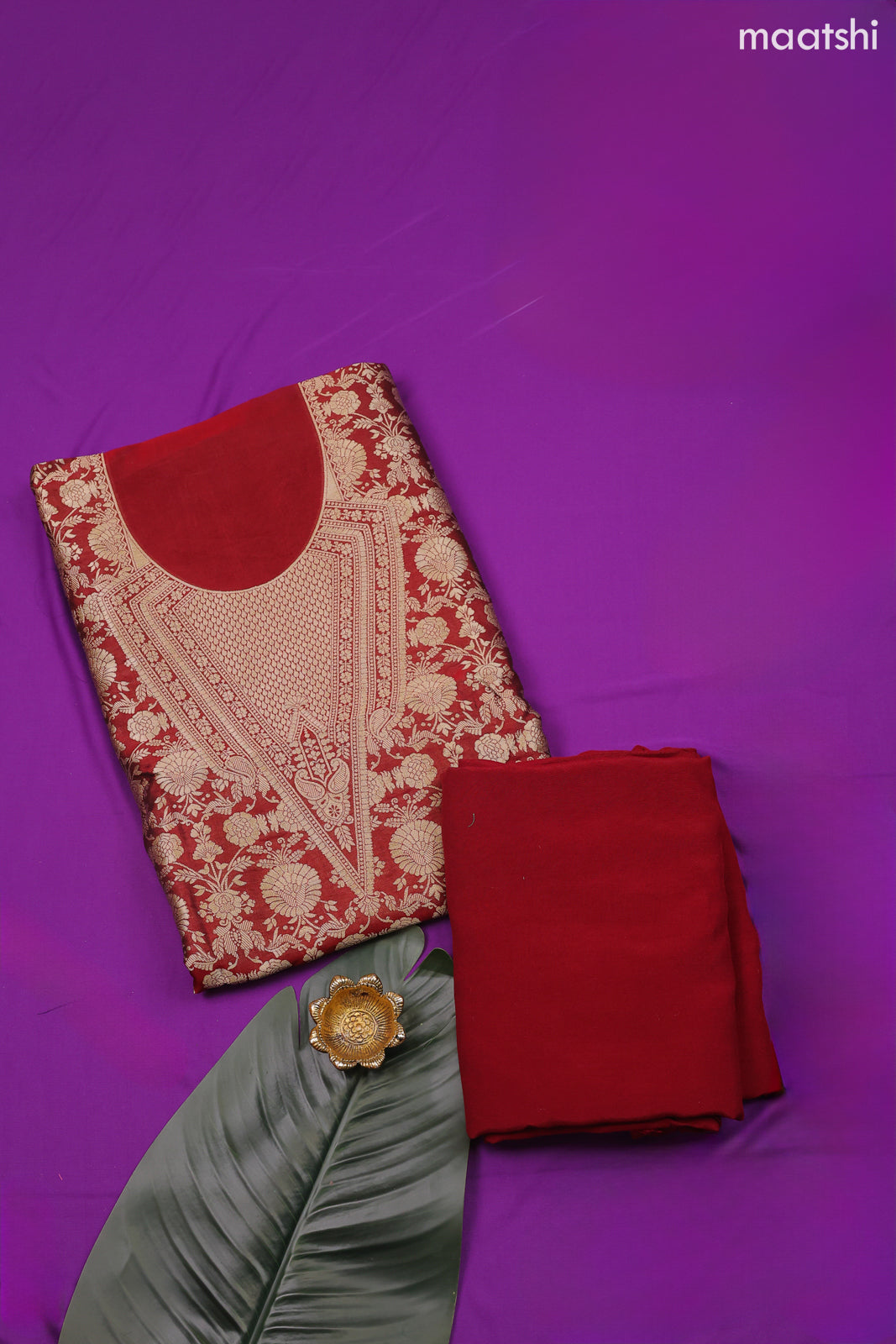 Deep Maroon Banarasi Dress Material With Allover Zari Buttas and Bottom & Dupatta