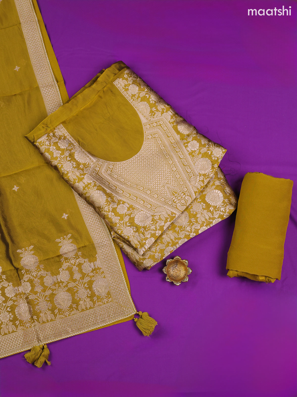 Lime Green Banarasi Dress Material With Allover Zari Buttas and Bottom & Dupatta