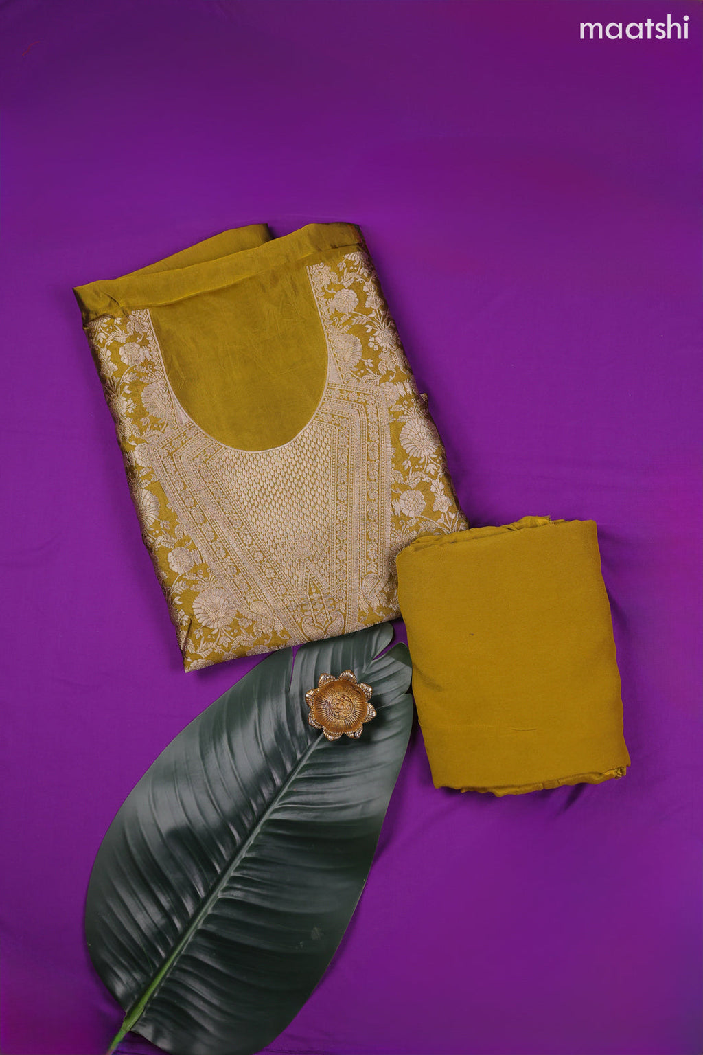Lime Green Banarasi Dress Material With Allover Zari Buttas and Bottom & Dupatta