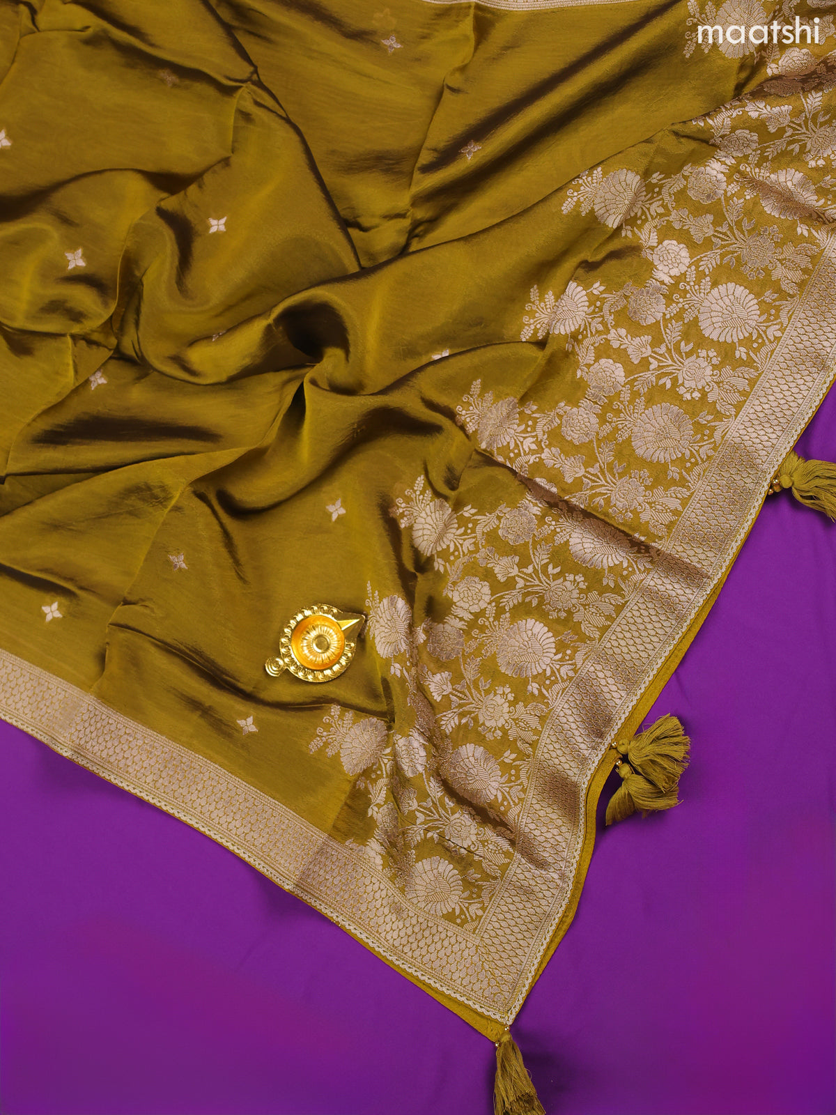 Lime Green Banarasi Dress Material With Allover Zari Buttas and Bottom & Dupatta